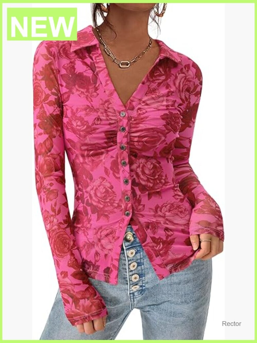 Women's Button Down Floral Mesh Blouse V-Neck Long Sleeve Boho Top